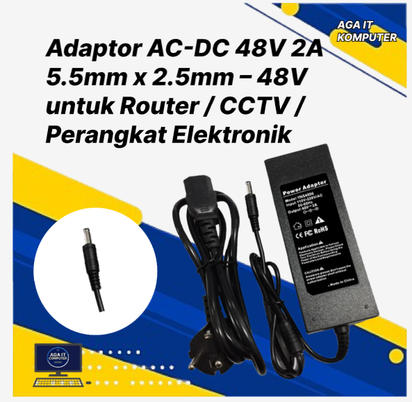 Adaptor AC-DC 48V 2A 5.5mm x 2.5mm – 48V untuk Router / CCTV / Perangkat Elektronik