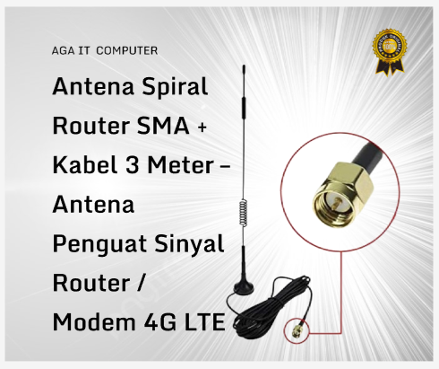 Antena Spiral Router SMA + Kabel 3 Meter – Antena Penguat Sinyal Router / Modem 4G LTE