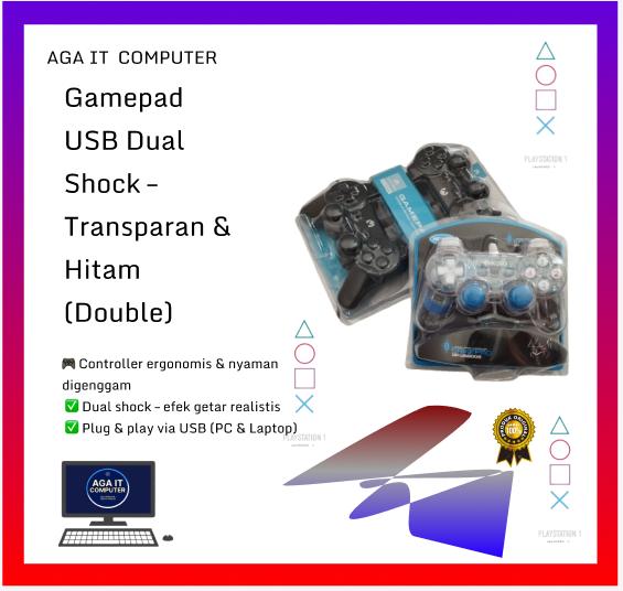 Gamepad USB Dual Shock Hitam Double Ergonomis Nyaman Getar Realistis Plug Play PC Laptop
