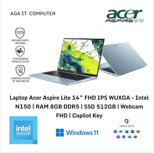 Laptop Acer Aspire Lite 14” FHD IPS WUXGA – Intel N150 | RAM 8GB DDR5 | SSD 512GB | Webcam FHD | Copilot Key