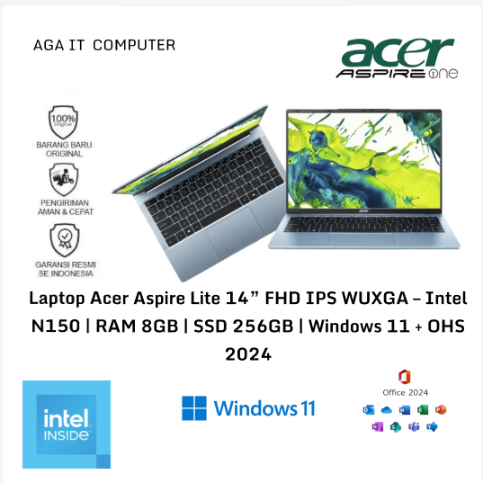 Laptop Acer Aspire Lite 14” FHD IPS WUXGA – Intel N150 | RAM 8GB | SSD 256GB | Windows 11 + OHS 2024