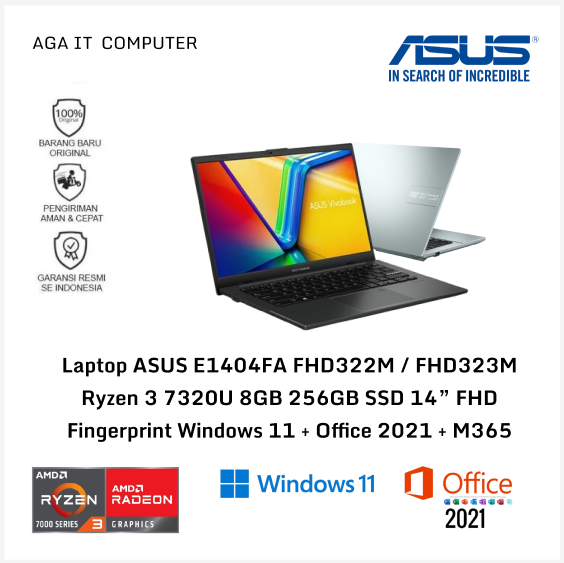 Laptop ASUS E1404FA FHD322M / FHD323M Ryzen 3 7320U 8GB 256GB SSD 14” FHD Fingerprint Windows 11 + Office 2021 + M365 (Black / Silver)