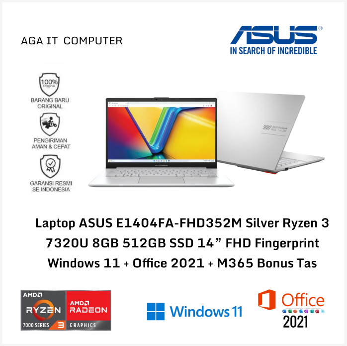 Laptop ASUS E1404FA-FHD352M Silver Ryzen 3 7320U 8GB 512GB SSD 14” FHD Fingerprint Windows 11 + Office 2021 + M365