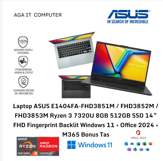 Laptop ASUS E1404FA-FHD3851M / FHD3852M / FHD3853M Ryzen 3 7320U 8GB 512GB SSD 14” FHD Fingerprint Backlit Windows 11 + Office 2024 + M365 Bonus Tas