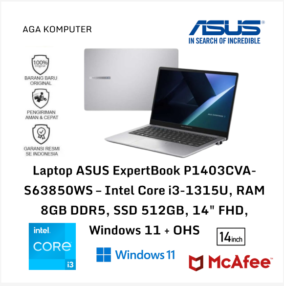 Laptop ASUS ExpertBook P1403CVA-S63850WS – Intel Core i3-1315U, RAM 8GB DDR5, SSD 512GB, 14" FHD, Windows 11 + OHS