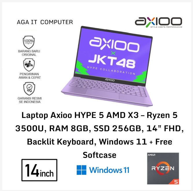 Laptop Axioo HYPE 5 AMD X3 – Ryzen 5 3500U, RAM 8GB, SSD 256GB, 14" FHD, Backlit Keyboard, Windows 11 + Free Softcase