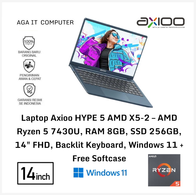 Laptop Axioo HYPE 5 AMD X5-2 – AMD Ryzen 5 7430U, RAM 8GB, SSD 256GB, 14" FHD, Backlit Keyboard, Windows 11 + Free Softcase