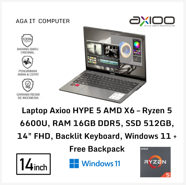 Laptop Axioo HYPE 5 AMD X6 – Ryzen 5 6600U, RAM 16GB DDR5, SSD 512GB, 14" FHD, Backlit Keyboard, Windows 11 + Free Backpack