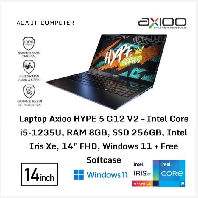 Laptop Axioo HYPE 5 G12 V2 – Intel Core i5-1235U, RAM 8GB, SSD 256GB, Intel Iris Xe, 14" FHD, Windows 11 + Free Softcase