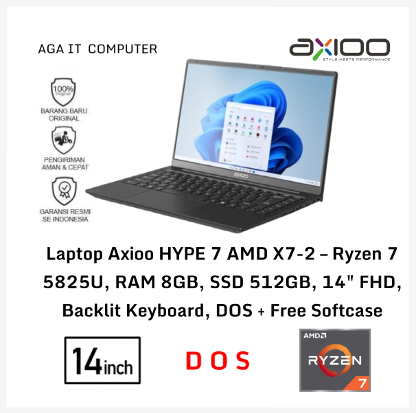 Laptop Axioo HYPE 7 AMD X7-2 – Ryzen 7 5825U, RAM 8GB, SSD 512GB, 14" FHD, Backlit Keyboard, DOS + Free Softcase