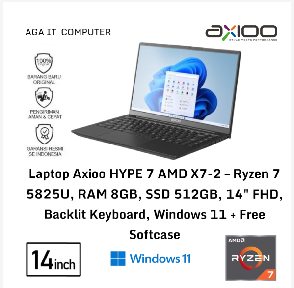 Laptop Axioo HYPE 7 AMD X7-2 – Ryzen 7 5825U, RAM 8GB, SSD 512GB, 14" FHD, Backlit Keyboard, WINDOWS 11 + Free Softcase