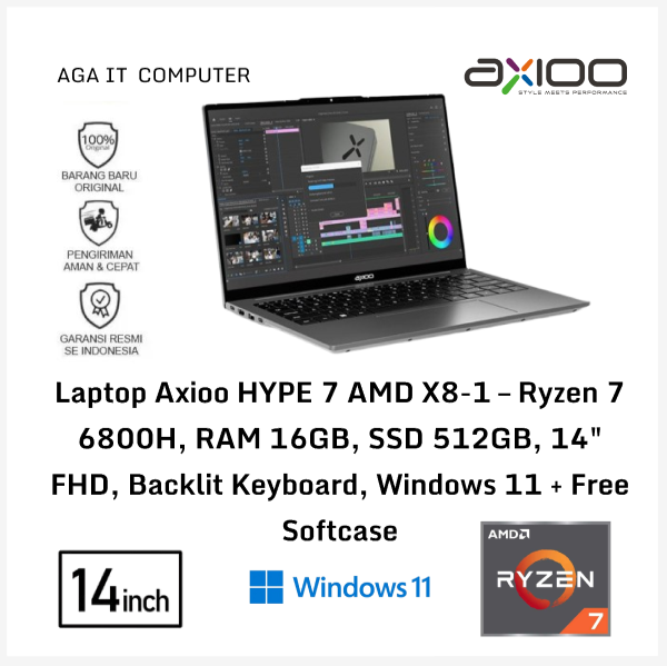 Laptop Axioo HYPE 7 AMD X8-1 – Ryzen 7 6800H, RAM 16GB, SSD 512GB, 14" FHD, Backlit Keyboard, Windows 11 + Free Softcase