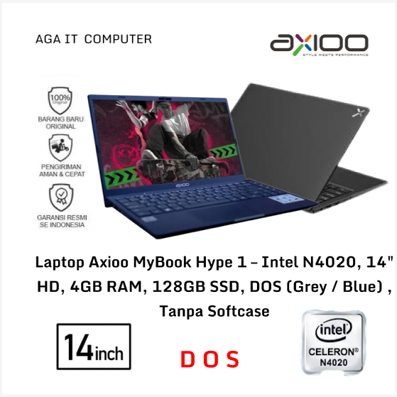 Laptop Axioo MyBook Hype 1 – Intel N4020, 14" HD, 4GB RAM, 128GB SSD, DOS (Grey / Blue) Tanpa Softcase