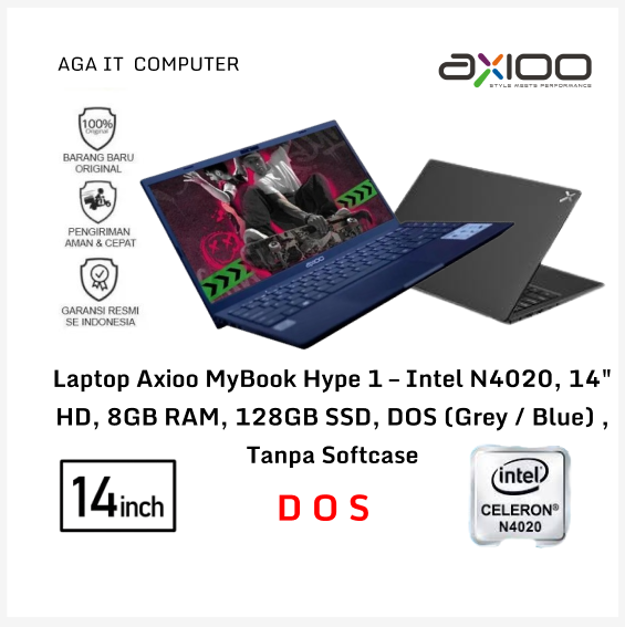 Laptop Axioo MyBook Hype 1 – Intel N4020, 14" HD, 8GB RAM, 128GB SSD, DOS (Grey / Blue) Tanpa Softcase