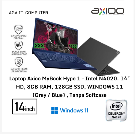 Laptop Axioo MyBook Hype 1 – Intel N4020, 14" HD, 8GB RAM, 128GB SSD, WINDOWS 11 (Grey / Blue) Tanpa Softcase
