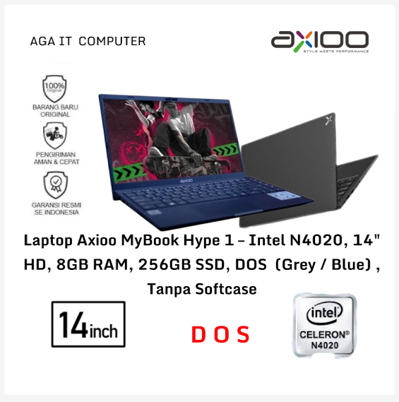 Laptop Axioo MyBook Hype 1 – Intel N4020, 14" HD, 8GB RAM, 256GB SSD, DOS (Grey / Blue) Tanpa Softcase