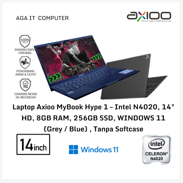 Laptop Axioo MyBook Hype 1 – Intel N4020, 14" HD, 8GB RAM, 256GB SSD, WINDOWS 11 (Grey / Blue) Tanpa Softcase