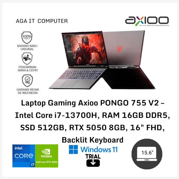 Laptop Gaming Axioo PONGO 755 V2 – Intel Core i7-13700H, RAM 16GB DDR5, SSD 512GB, RTX 5050 8GB, 16" FHD, Backlit Keyboard