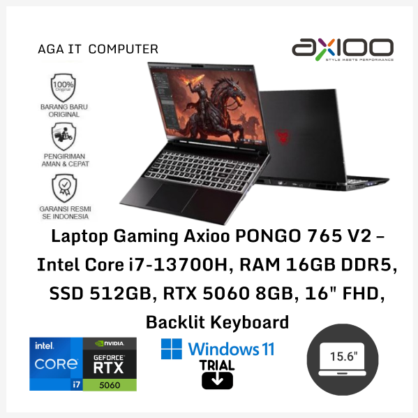 Laptop Gaming Axioo PONGO 765 V2 – Intel Core i7-13700H, RAM 16GB DDR5, SSD 512GB, RTX 5060 8GB, 16" FHD, Backlit Keyboard