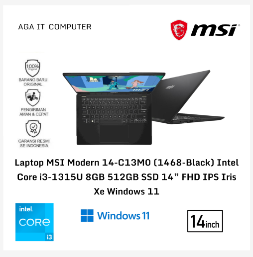 Laptop MSI 14-C13M0 (1468-Black) Intel Core i3-1315U 8GB 512GB SSD 14” FHD IPS Iris Xe Windows 11