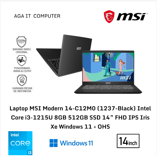 Laptop MSI Modern 14-C12M0 (1237-Black) Intel Core i3-1215U 8GB 512GB SSD 14” FHD IPS Iris Xe Windows 11 + OHS