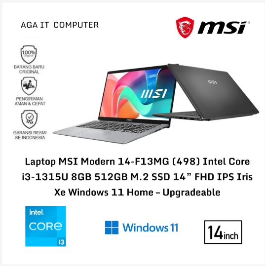 Laptop MSI Modern 14-F13MG (498) Intel Core i3-1315U 8GB 512GB M.2 SSD 14” FHD IPS Iris Xe Windows 11 Home – Upgradeable